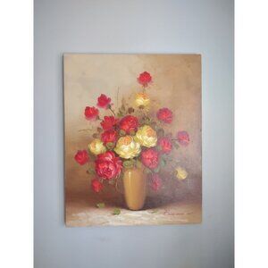 Vintage 20"x16" Original Oil Canvas Painting Red Yellow Roses Vase Artist Signed
